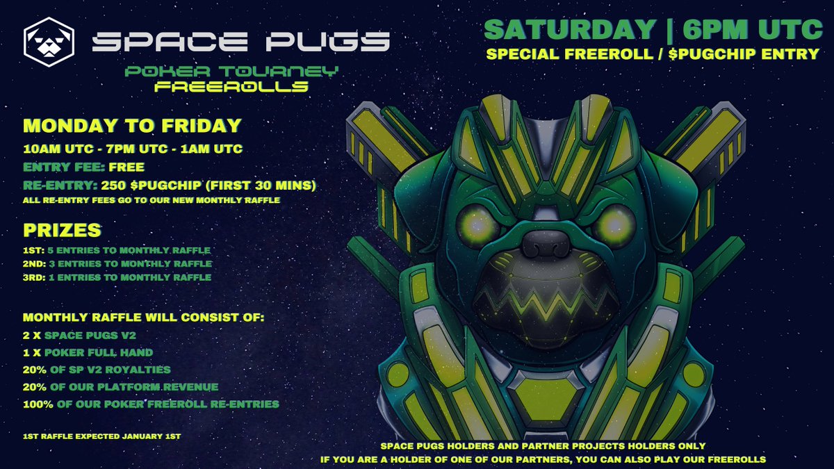 Grateful for @spacepugs_ inviting our holders to their 11 free-rolls every week! We have a special spot for them on our metaverse properties when live, lets call it a poker room! Join their Discord to play poker and win prizes! discord.gg/spacepugs