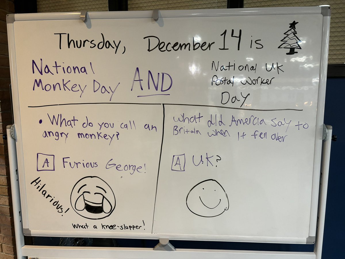 Every day I list a holiday and a related joke that a group of students finds for me. I hadn’t updated it yet today when another pair of students asked if they could. The two groups of students worked together today to share these 2 holidays and their jokes. #letahuskieleadtheway