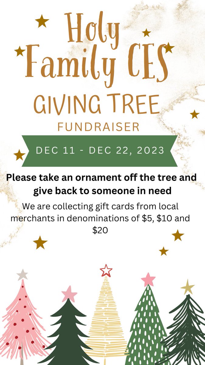 Our Youth Faith Ambassadors have organized our Annual Holy Family CES Giving Tree Fundraiser. Please consider taking an ornament and returning it with a gift card to support our Community Outreach initiative.