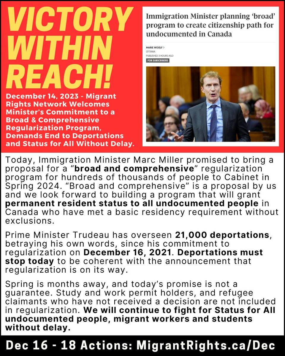 BREAKING: Minister @MarcMillerVM promises broad & comprehensive regularization - which is what we have proposed. Victory is within reach! We welcome this promise and will continue to fight for #StatusForAll. Join us across the country, Dec 16-18, 2023: MigrantRights.ca/Dec