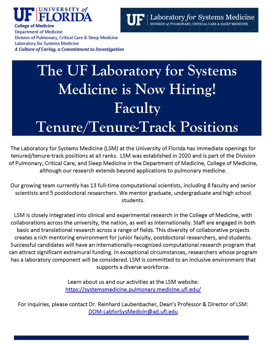 #UFLSM is looking for faculty members to join our team! Please share with those who may be interested. 

Join our team and delve into a world of dynamic research.
#NowHiring #FacultyJobs #STEMJobs #ResearchJobs