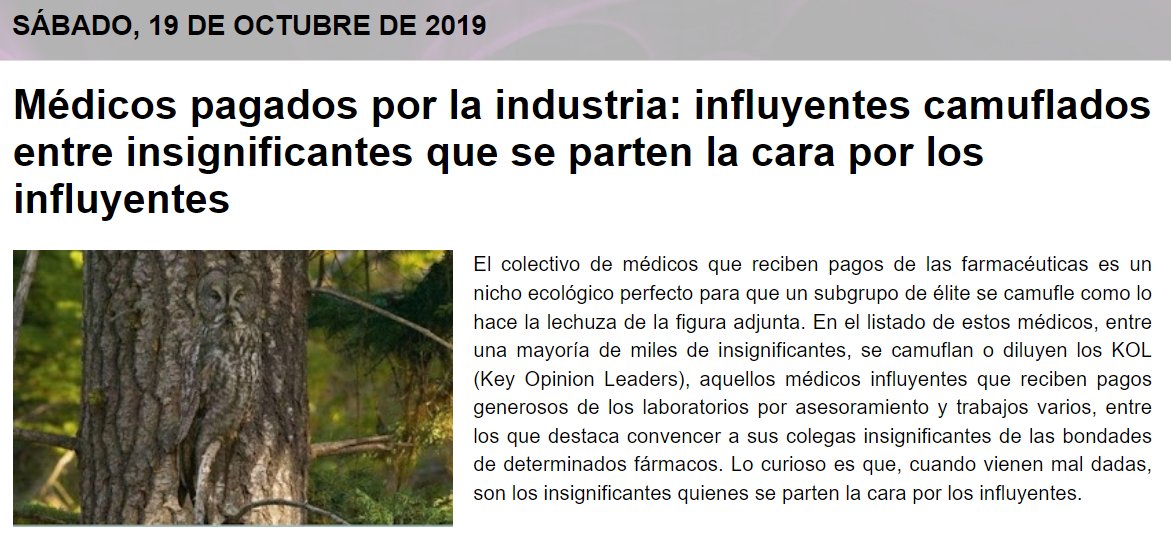 Una fosa séptica se va llenando en los sótanos de nuestros centros sanitarios y facultades [...] El chapapote del conflicto de intereses no sólo nutre la fosa séptica de centros sanitarios y facultades, también alcanza a la administración sanitaria.
saludineroap.blogspot.com/2019/10/medico…