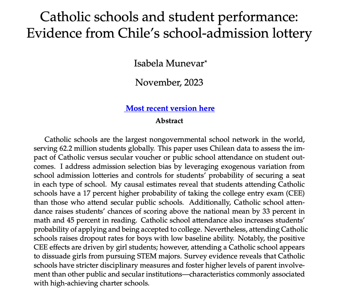 1/ 📚 Excited to share my JMP on Catholic schools, the world's largest nongovernmental school network. By leveraging Chile's lottery-based admission system, I estimate the impact of attending Catholic schools vs. voucher-secular and public schools on academic outcomes.