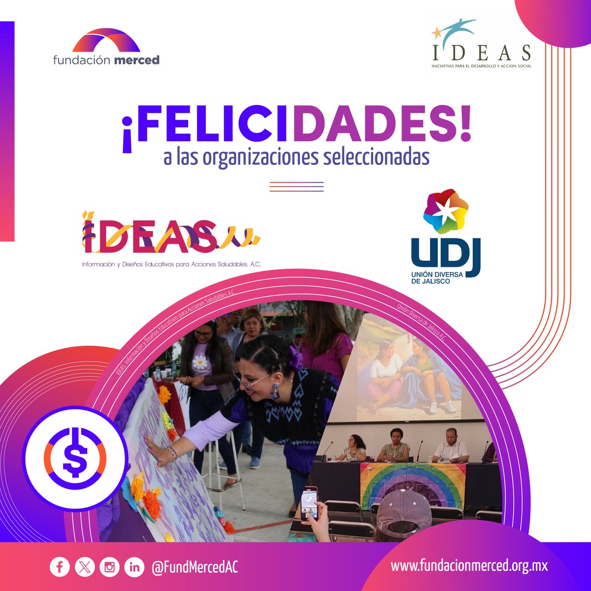 Felicitamos a IDEAS Información y Diseños Educativos para Acciones Saludables-@Chieltik y Unión Diversa de Jalisco A.C.-@udj_mx organizaciones seleccionadas en #IDEAS2023. #IDEAS2023 #SomosPuenteQueUne