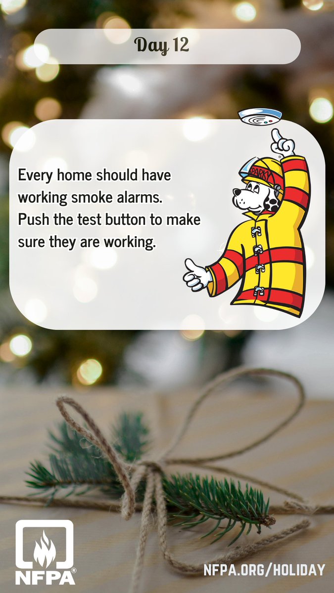 Smoke alarms save lives. Have working smoke alarms on every level of your home, inside all bedrooms, and outside sleeping areas. Test once a month. #12daysofchristmas #holidaysafety