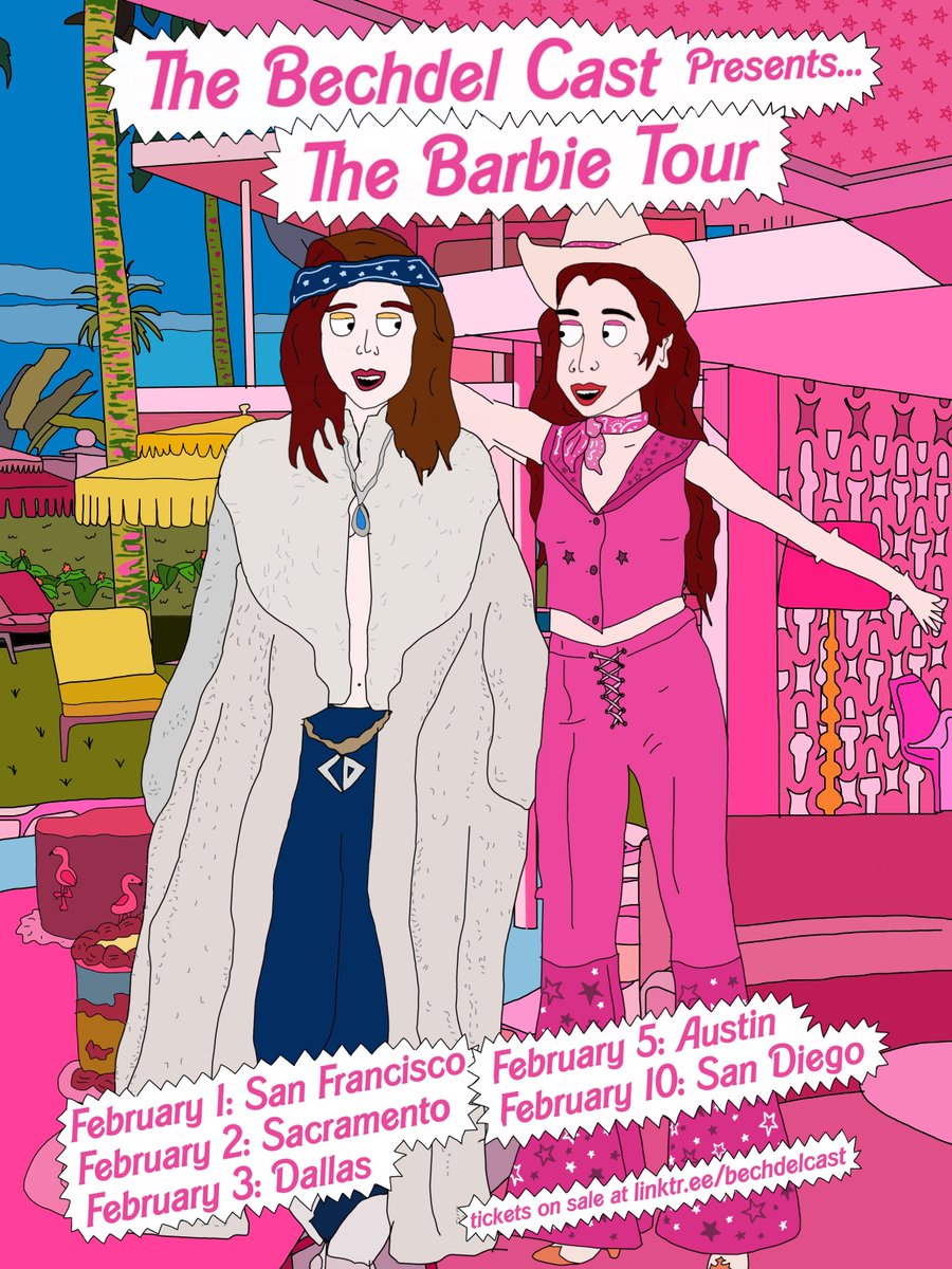 TOUR ALERT! We're covering Barbie (mostly) and if you live in San Diego, San Francisco, Sacramento, Dallas, or Austin, we're coming to you! February 2024!

TICKETS at linktr.ee/bechdelcast