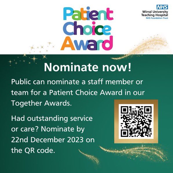 Had outstanding care or a fantastic service at our hospitals? Patients, visitors and public can nominate a team or individual for a Patient Choice Award. The winner will be announced at our staff Together Awards next year. Click the QR code or visit tiny.cc/s0givz