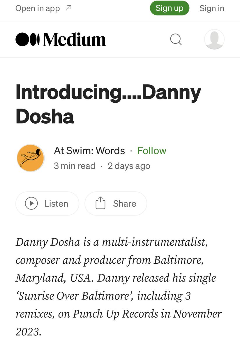 Just over a month since ‘Sunrise Over Baltimore’ by <a href="/DannyDosha/">DannyDosha</a> was released unto the world.

Maybe you’d like to know a little more about Danny? If so, you’re in luck!

At Swim did a short interview with him that you can read on <a href="/Medium/">Medium</a> 

atswim.medium.com/introducing-da…