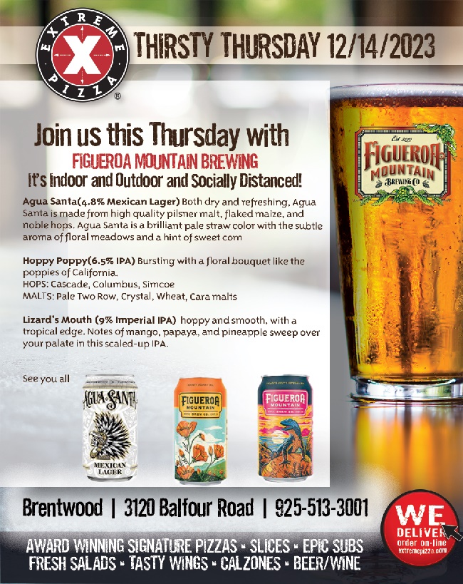 Thirsty Thursday has arrived at Extreme Pizza Brentwood! Stop in for Figueroa Mountain Brewing Co. #craftbeer and tasty pizza! #BrentwoodCA #pizza #beer #ipa #ThirstyThursday #beerlover