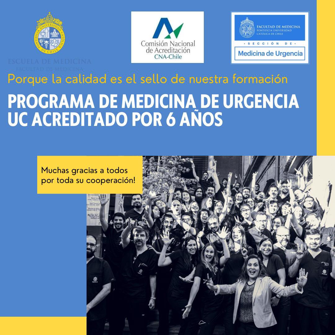 Urgencia UC (@urgenciauc) on Twitter photo La Comisión Nacional de Acreditación (CNA), acaba de dar a conocer que nuestro programa de formación de especialistas en Medicina de Urgencia ha sido acreditado por 6 años!
Esto asegura nuestra gran calidad docente-formativa, lo que nos llena de orgullo! <a href="/ucatolica/">Universidad Católica</a> <a href="/FacMedicinaUC/">Facultad Medicina UC</a> La Comisión Nacional de Acreditación (CNA), acaba de dar a conocer que nuestro programa de formación de especialistas en Medicina de Urgencia ha sido acreditado por 6 años!
Esto asegura nuestra gran calidad docente-formativa, lo que nos llena de orgullo! <a href="/ucatolica/">Universidad Católica</a> <a href="/FacMedicinaUC/">Facultad Medicina UC</a>