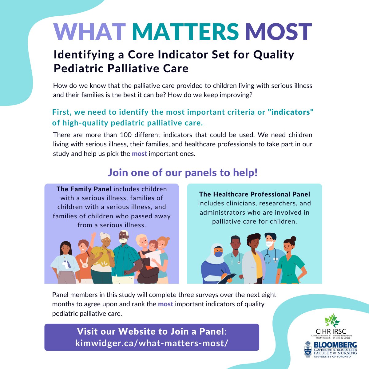 📢 Study Alert! Are you a family member of a child with a serious illness, or a healthcare professional involved in palliative care for children? Help identify the most important criteria of high-quality #PediatricPalliativeCare.

➡️Learn more: kimwidger.ca/what-matters-m…