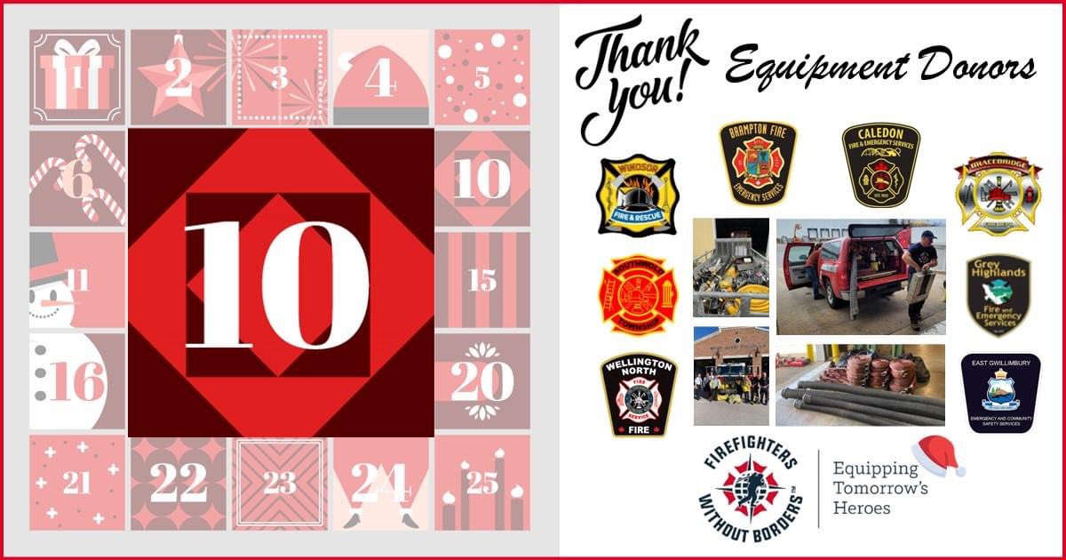 Day 10 FWB Countdown: Today we acknowledge ALL the fire departments that so generously donate their used equipment. Without these donations we could not equip the firefighter's heroes of tomorrow. We look forward to continue working together in 2024! Here are some of our donors: