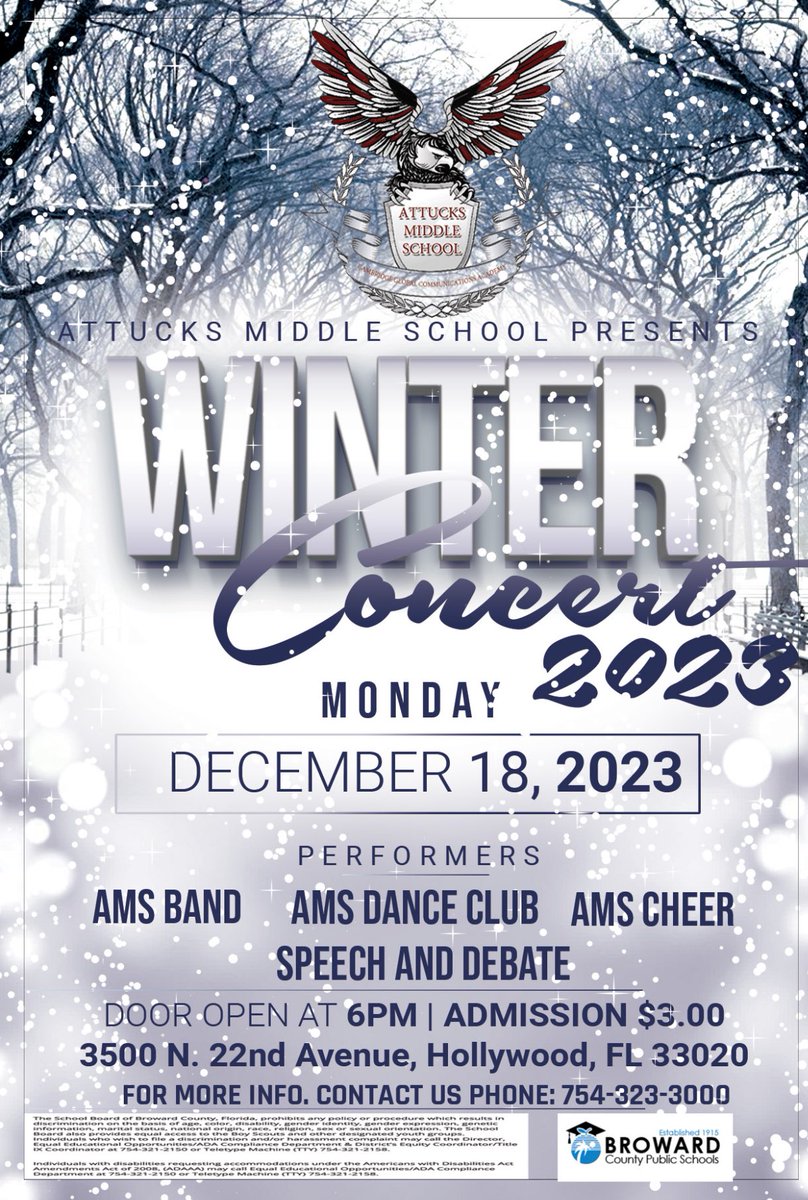 Winter break is quickly approaching. Our students and staff invite you and your family to our winter concert. December 18 at 6:00 p.m. @CassandraAdder2 @FACE_BCPS @browardschools @FatimaWillims @AP_Centrone @KesiaJean @AlanStraussbcps