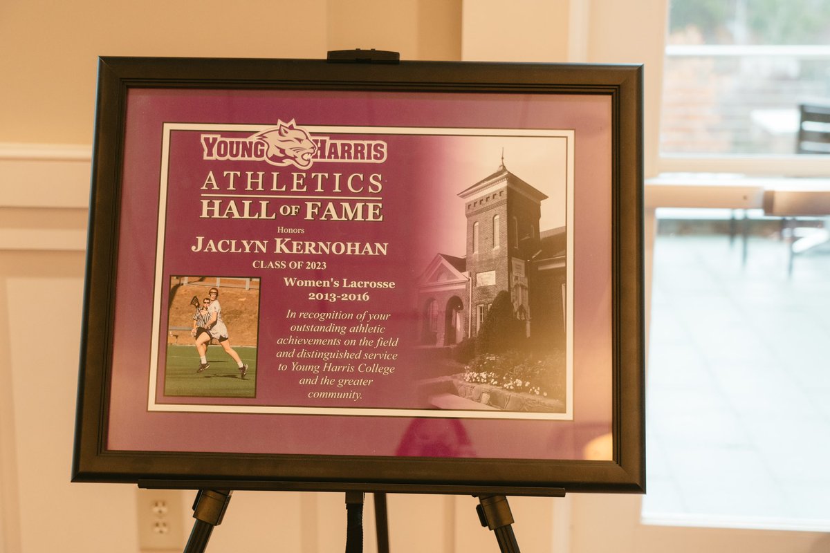 Congratulations to the 2023 YHC Athletics Hall of Fame Class! 💜Left to right: Paco Craig @yhcmsoccer ‘15, Mark McKeever 2004-2022, Nicole Smith-Ross @YHCCrossCountry ‘16, Steve Viterbo @YoungHarrisMBB ‘14, Jaclyn Kernohan @yhcwlacrosse ‘16. #DefendtheDen