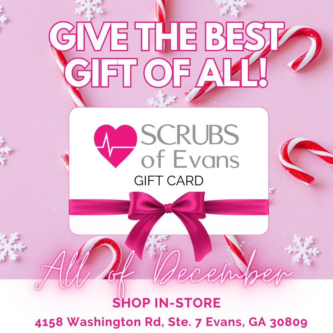 Attention, CSRA healthcare fashion icons near Augusta, GA! This holiday season, join us for our December Gift Card Bonus promotion. Purchase a $100 gift card and get an extra $20 gift card. 

Visit our store!
4158 Washington Road, Suite 7 Evans, GA 30809
#ScrubsOfEvans #EvansGA