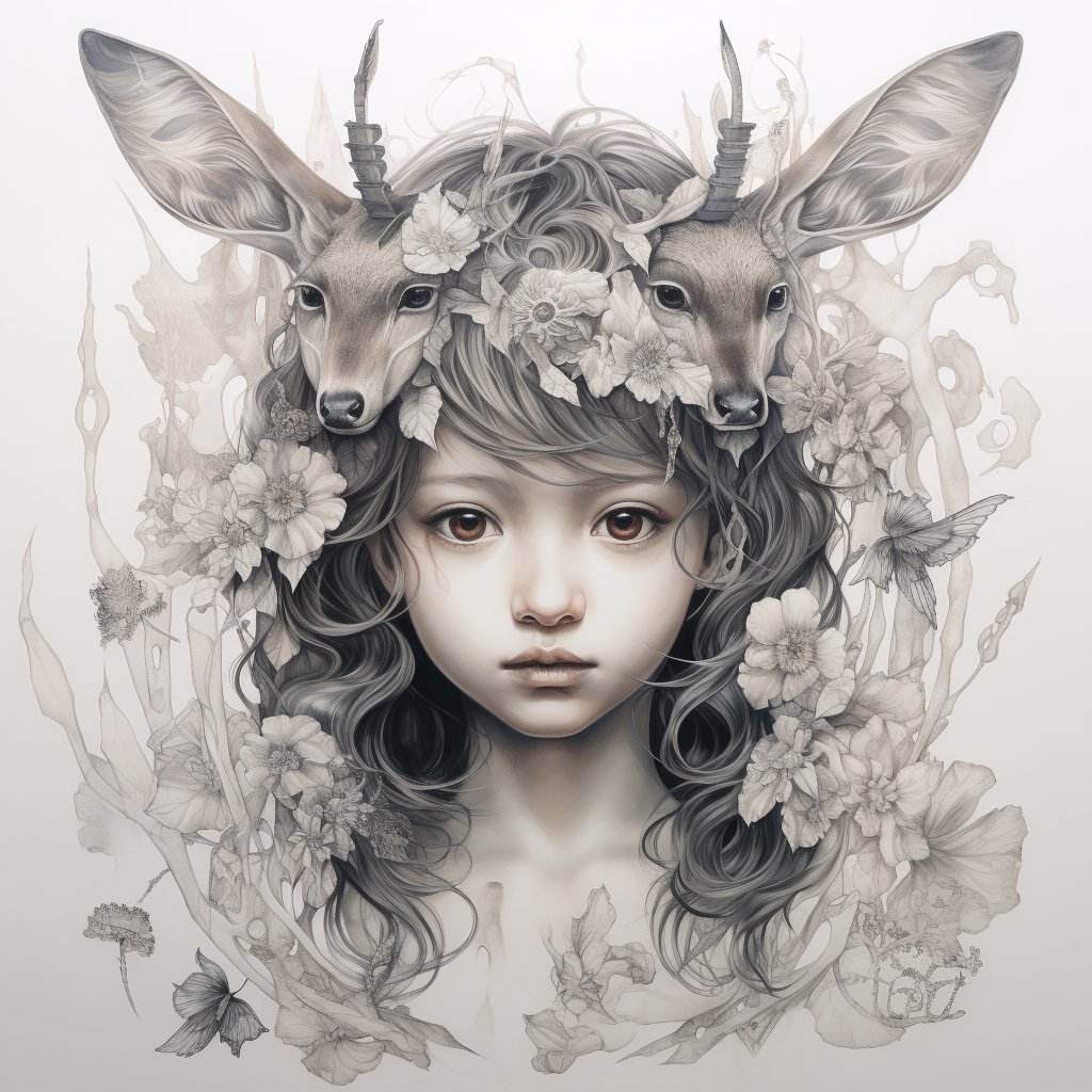 Good night all ..

Very busy day for me today again , will catch up everything tomorrow

Whimsical Ink to end the day :

[SUBJECT] in the style of whimsical ink drawings, fawncore, hyperrealistic wildlife portraits, white and gray, intricate costumes, pastel gothic, flowerpunk