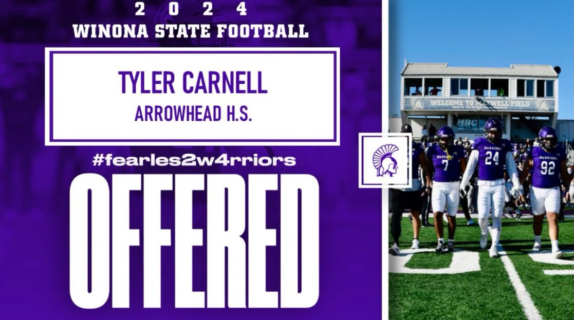 Tyler Carnell (@tyler_carnell9) on Twitter photo After a great conversation with <a href="/Coach_Bergy/">Brian Bergstrom</a>, I am excited to announce I have received an offer from Winona State University! <a href="/WinonaState_FB/">Winona State Football</a> After a great conversation with <a href="/Coach_Bergy/">Brian Bergstrom</a>, I am excited to announce I have received an offer from Winona State University! <a href="/WinonaState_FB/">Winona State Football</a>