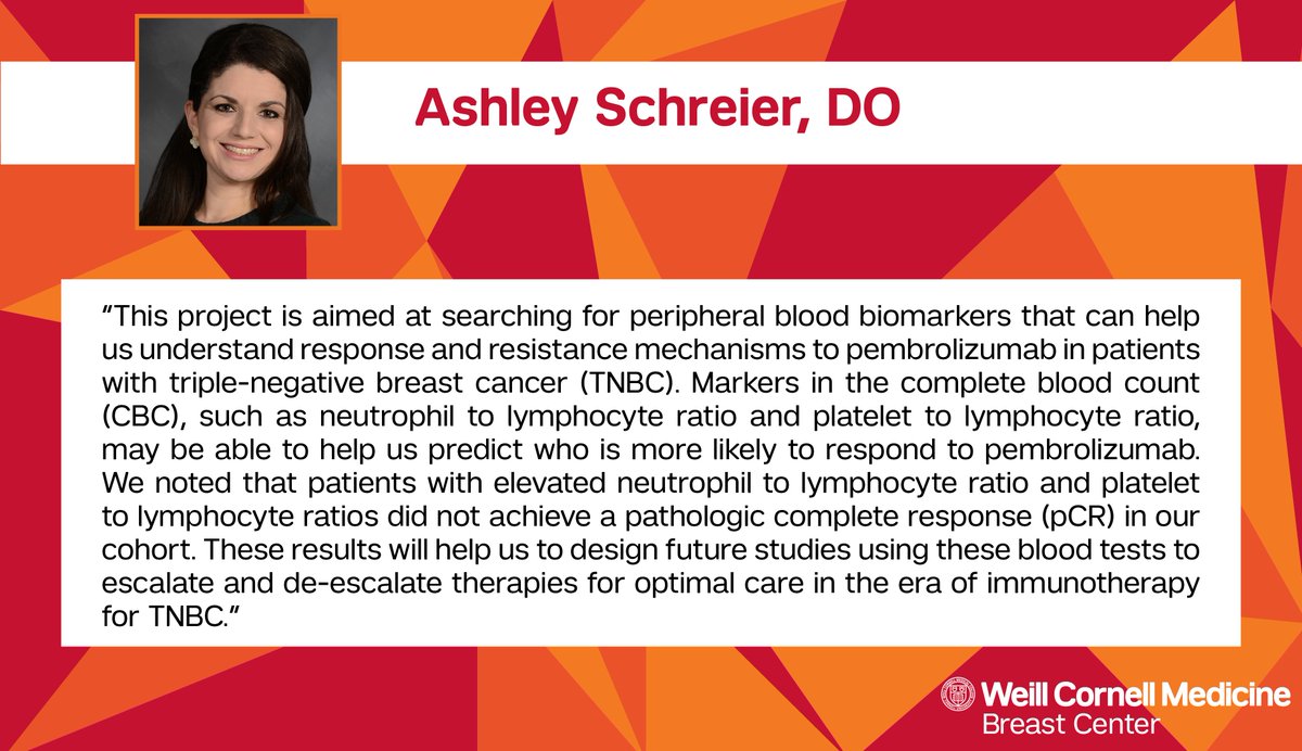Dr. Ashley Schreier shared @WeillCornell #research at #SABCS23 in collaboration with Dr. Eleni Andreopoulou (@eleniandreop) and team looking at peripheral blood biomarkers that can help predict pembrolizumab response in patients with triple-negative #BreastCancer.
