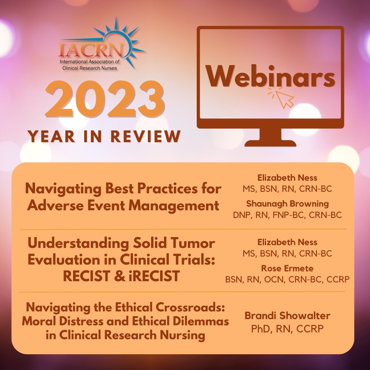 Over 1,000 professionals took part in IACRN's 2023 webinars! We would like to thank our presenters once more for delivering such engaging and thought-provoking sessions. IACRN members can rewatch webinars 24/7 through the IACRN Classroom! Learn more at: iacrn.mclms.net/en/