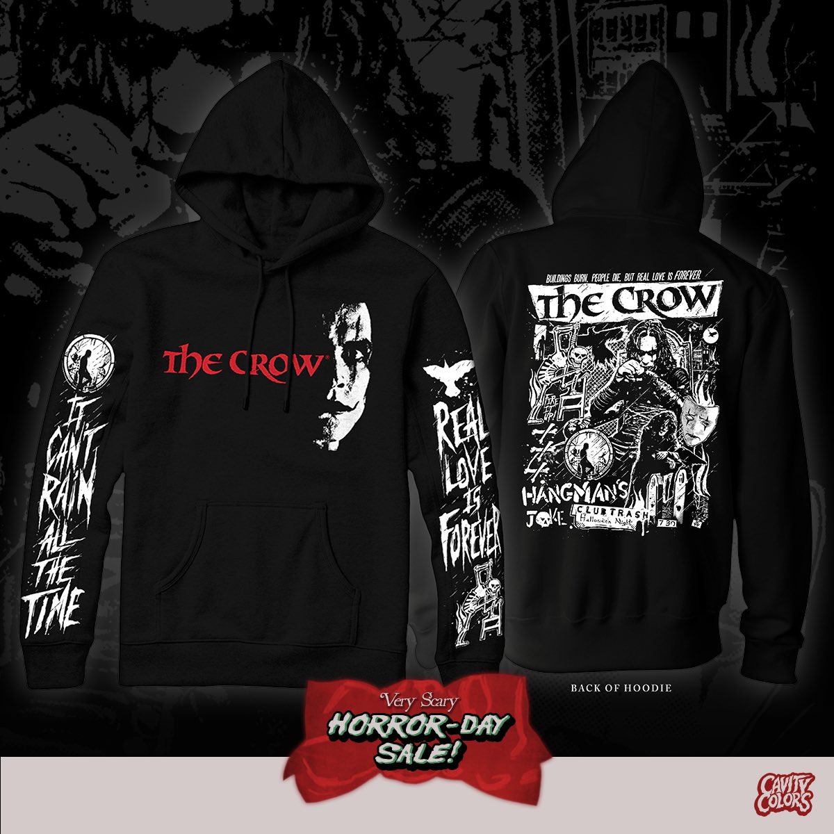 🌧️ It can’t rain all the time. 🐦‍⬛ Our long awaited THE CROW officially licensed Long Sleeve and Pullover Hoodie returns for our massive restock release (18 variants!) and HORROR-DAY SALE! 👉 In case you missed yesterday’s announcement, read below! 👇