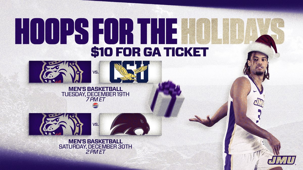 Hoops for the Holidays! 🎄 Join the nationally ranked @JMUMBasketball Dukes at the Atlantic Union Bank Center this holiday season! Take advantage of $10 general admission tickets today ⤵️ Dec 19 🎟️ | bit.ly/3teUdyn Dec 30 🎟️ | bit.ly/3NnDqjy #GoDukes