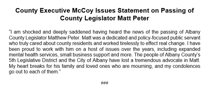 Please see my below statement on the passing of Albany County Legislator @mpeterforalbany. @AlbanyNYLeg