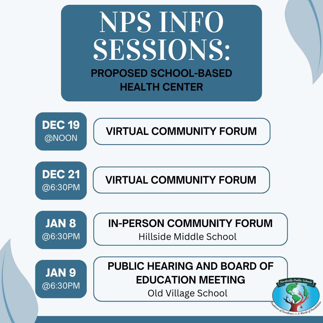 🌟 Exciting News, Northville! 🌟 
We're considering a School-Based Health Center for our students' well-being! 🏥 Your input is GOLDEN! 

💬 Join virtual info sessions &amp; community forums. Let's build a healthier future, together!

INFO: northvilleschools.org/apps/news/arti…