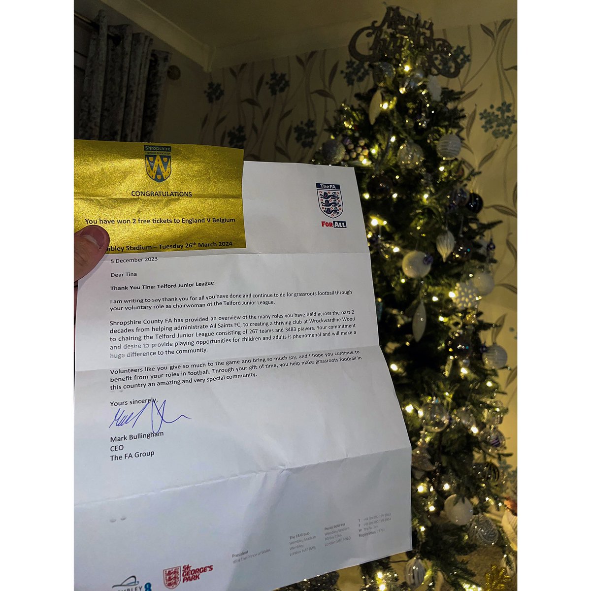 Today, our secretary Tina Williams received a letter of recognition from Mark Bullingham the CEO of <a href="/FA/">The FA</a>. 

Tina spends hours dedicated to local football, being club secretary &amp; chairwoman for the <a href="/TelfordLeague/">Telford Junior League</a>. 

This is well deserved &amp; we are extremely proud 💙

<a href="/ShropshireFA/">⚽️🏆Shropshire FA🏆⚽️</a>