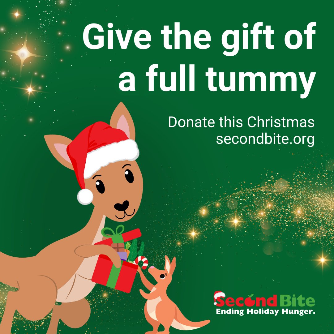 'Tis the season to share love and sustenance. Join us in giving the gift of full tummies to ensure every family can enjoy a bountiful Christmas feast. We understand how tough it is, but if you can, please donate at secondbite.org/christmas ❤️ #SecondBite #ChristmasAppeal