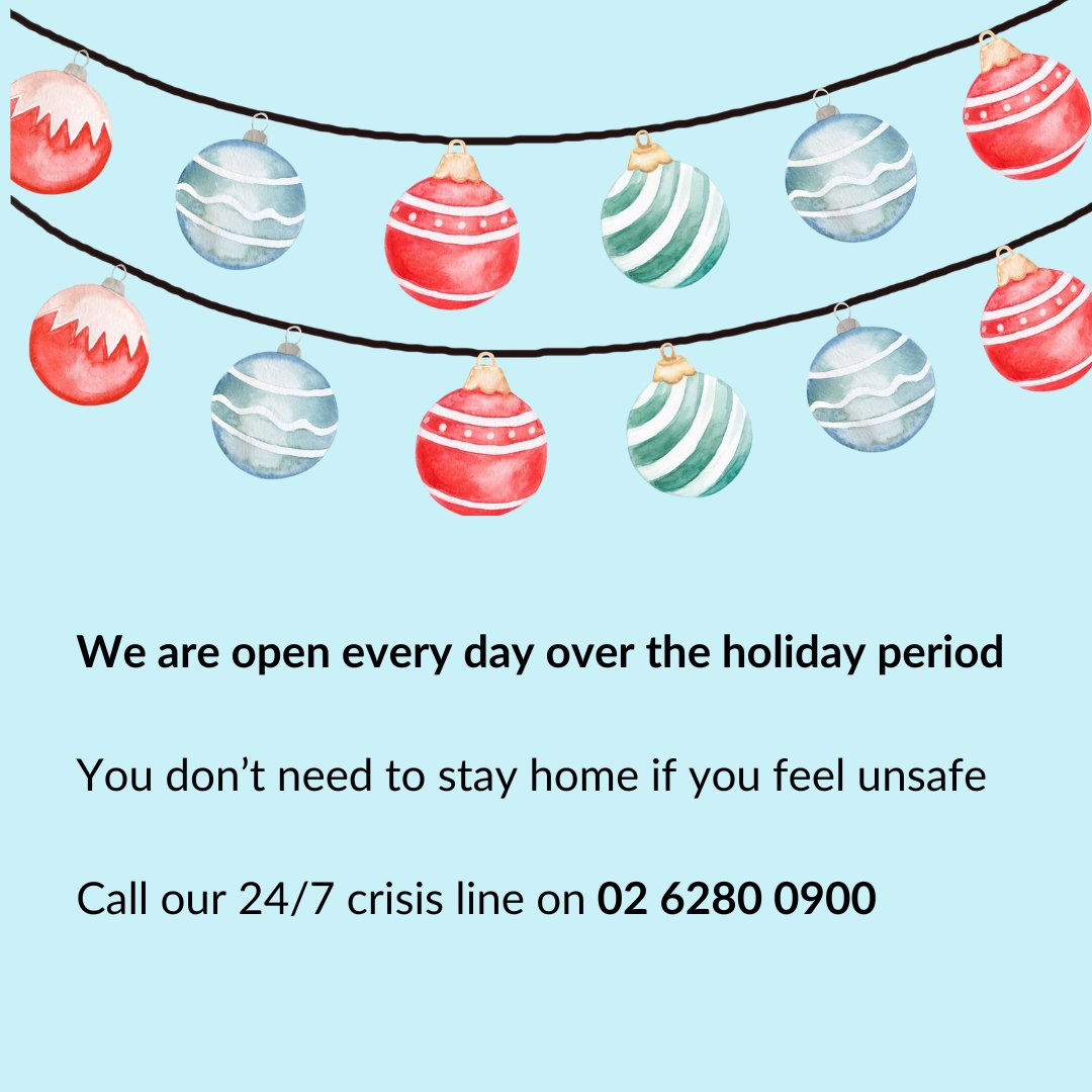 DVCSACT's tweet image. All people deserve a safe and happy holidays so we are operating as normal (24/7) over the holidays.

You can call our 24/7 crisis phone line on 02 6280 0900.

If you live outside the ACT, call 1800RESPECT. For all emergencies, call 000.