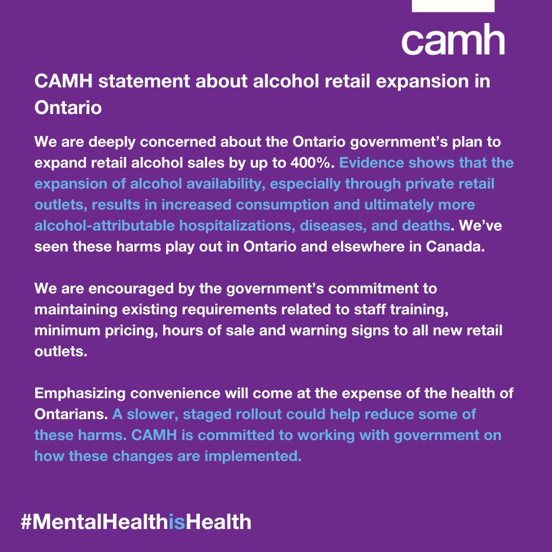CAMHnews's tweet photo. Read our statement following the announcement about #alcohol retail expansion in #Ontario.

MORE:
https://t.co/4cd1HXua0Q https://t.co/UQcFQcgEj9