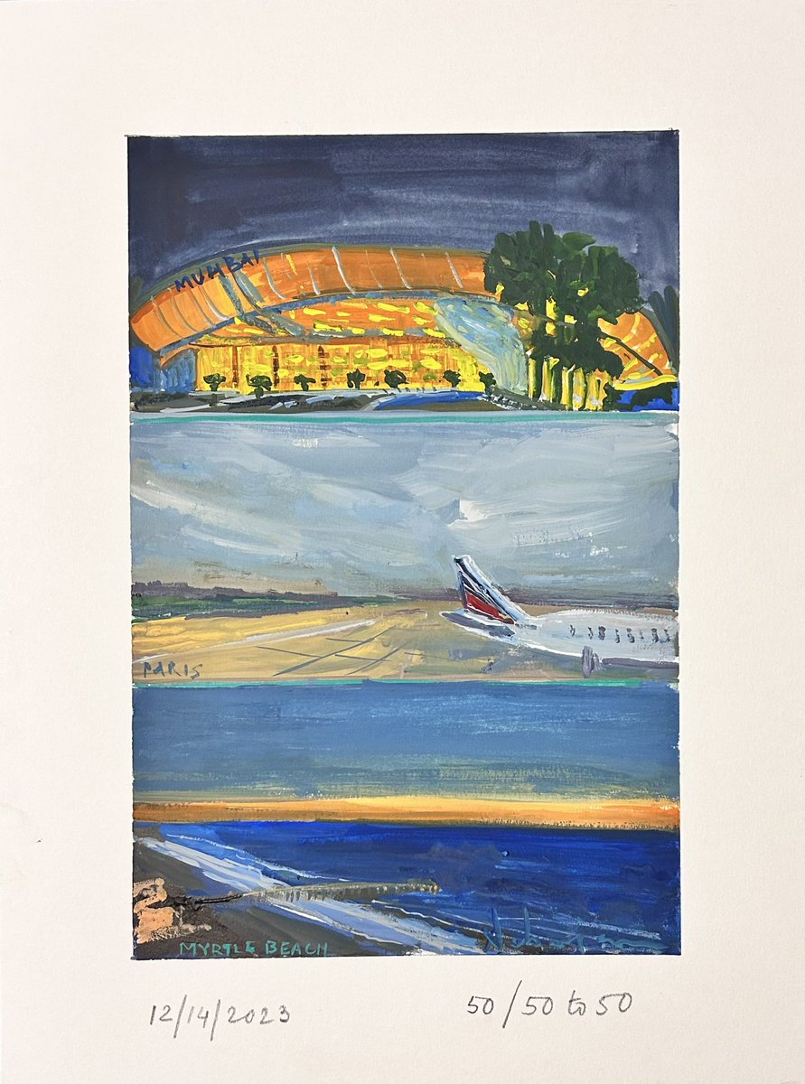 Day 50/ 50 to 50 And my challenge is complete! Mumbai-Paris-Myrtle Beach Gouache 9x6 inches 12/14/23