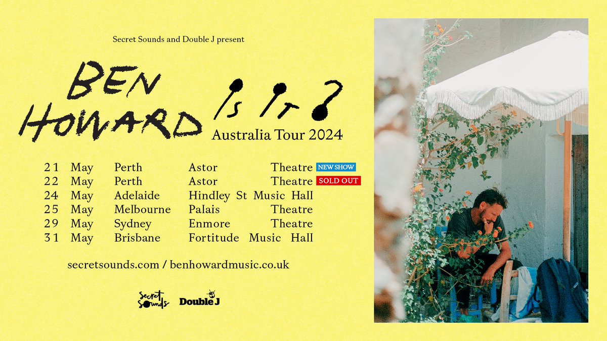Ben Howard Tour Update! Due to huge demand, a second Perth show has just been added! Tickets on sale now and selling fast → scrtsnds.com.au/BenHowardAU