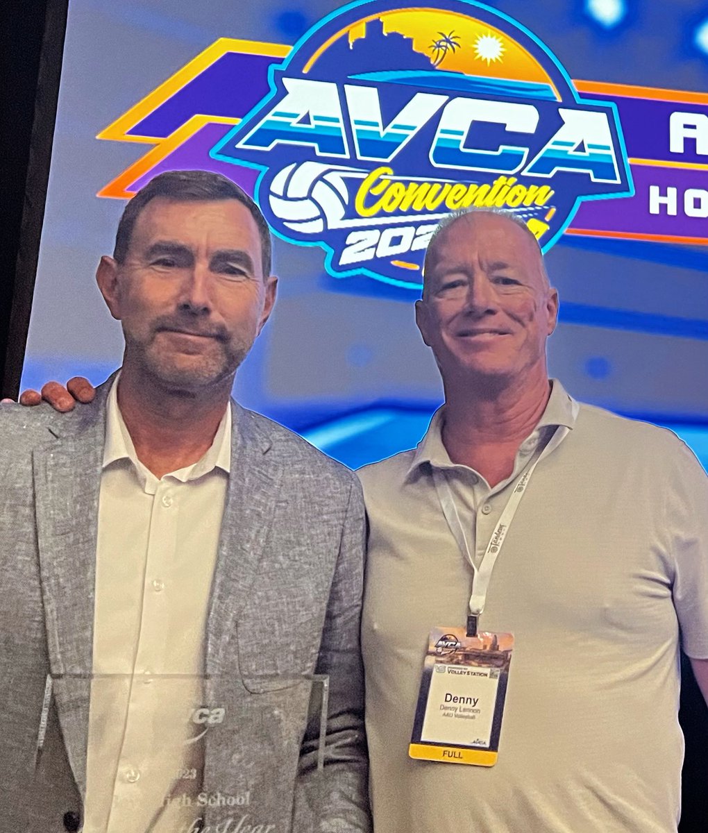 2023 AVCA National HS Boys VB Coach of the Year Mike Boehle (Loyola HS, Los Angeles) pictured with AAU Beach Volleyball National Director Denny Lennon.