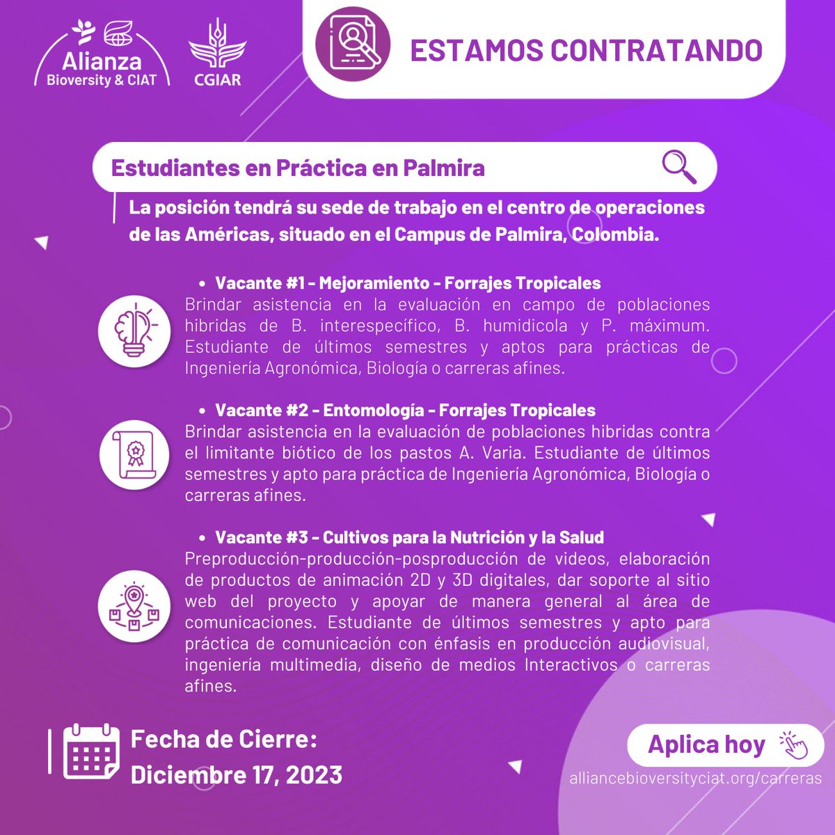 📢#Vacante | Te invitamos a conocer y aplicar a las vacantes disponibles para realizar tus #PrácticasProfesionales con nosotros... 

🤓 #Agronomía #Comunicación
🗓️ Diciembre 17
📍 Palmira  
👉 bit.ly/3K4tCGq