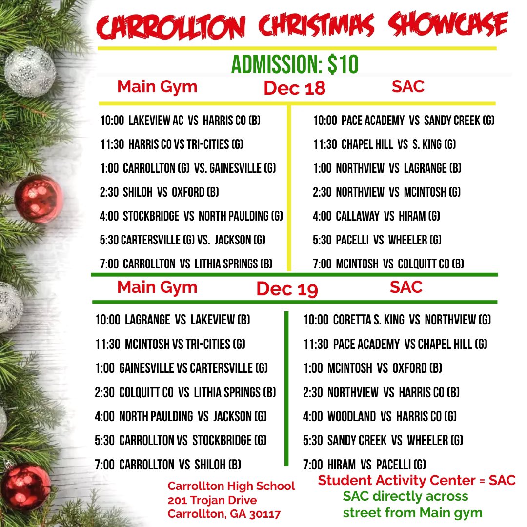 Carrollton Trojans WBB (@hoopstrojan) on Twitter photo Come out and watch some great action as <a href="/HoopsTrojan/">Carrollton Trojans WBB</a> & <a href="/CTROJANS9/">DON BRAY</a> hosts the Carrollton Christmas Showcase 12/18-19.
gofan.co/event/1302755?…
<a href="/GradickSports/">Gradick Sports</a>
<a href="/KyleSandy355/">Kyle Sandy</a>
<a href="/TGeorgianSports/">Times-Georgian Sports</a>
<a href="/AJCsports/">AJC Sports</a>
<a href="/TheMorningFive/">The Morning 5</a>
<a href="/PGH_Georgia/">Prep Girls Hoops Georgia</a>
#Zoomout Come out and watch some great action as <a href="/HoopsTrojan/">Carrollton Trojans WBB</a> & <a href="/CTROJANS9/">DON BRAY</a> hosts the Carrollton Christmas Showcase 12/18-19.
gofan.co/event/1302755?…
<a href="/GradickSports/">Gradick Sports</a>
<a href="/KyleSandy355/">Kyle Sandy</a>
<a href="/TGeorgianSports/">Times-Georgian Sports</a>
<a href="/AJCsports/">AJC Sports</a>
<a href="/TheMorningFive/">The Morning 5</a>
<a href="/PGH_Georgia/">Prep Girls Hoops Georgia</a>
#Zoomout