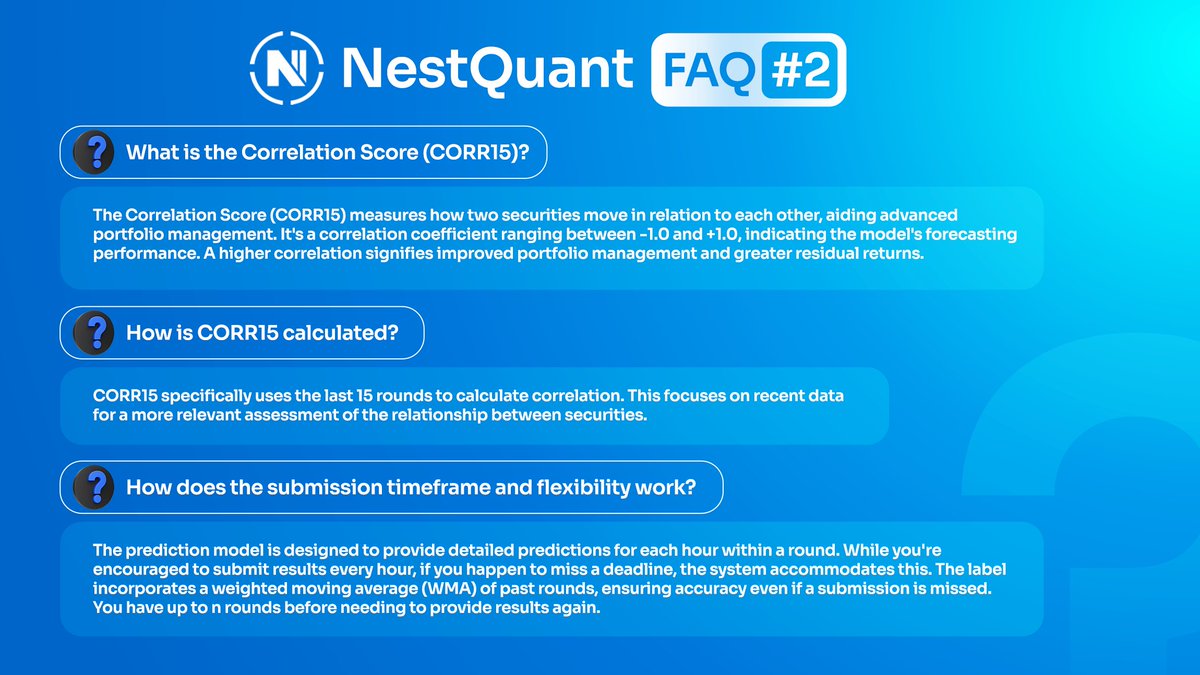 🔍 Explore the depths with NestQuant! Weekly #FAQs #2 are here!

📚 Curious about our Correlation Score (CORR15) and submission flexibility secrets? Don't miss our insightful tips!

#NestQuant #QuantitativeTrading #QuantTrade #Trading #deeplearning #datascience #Oraichain
