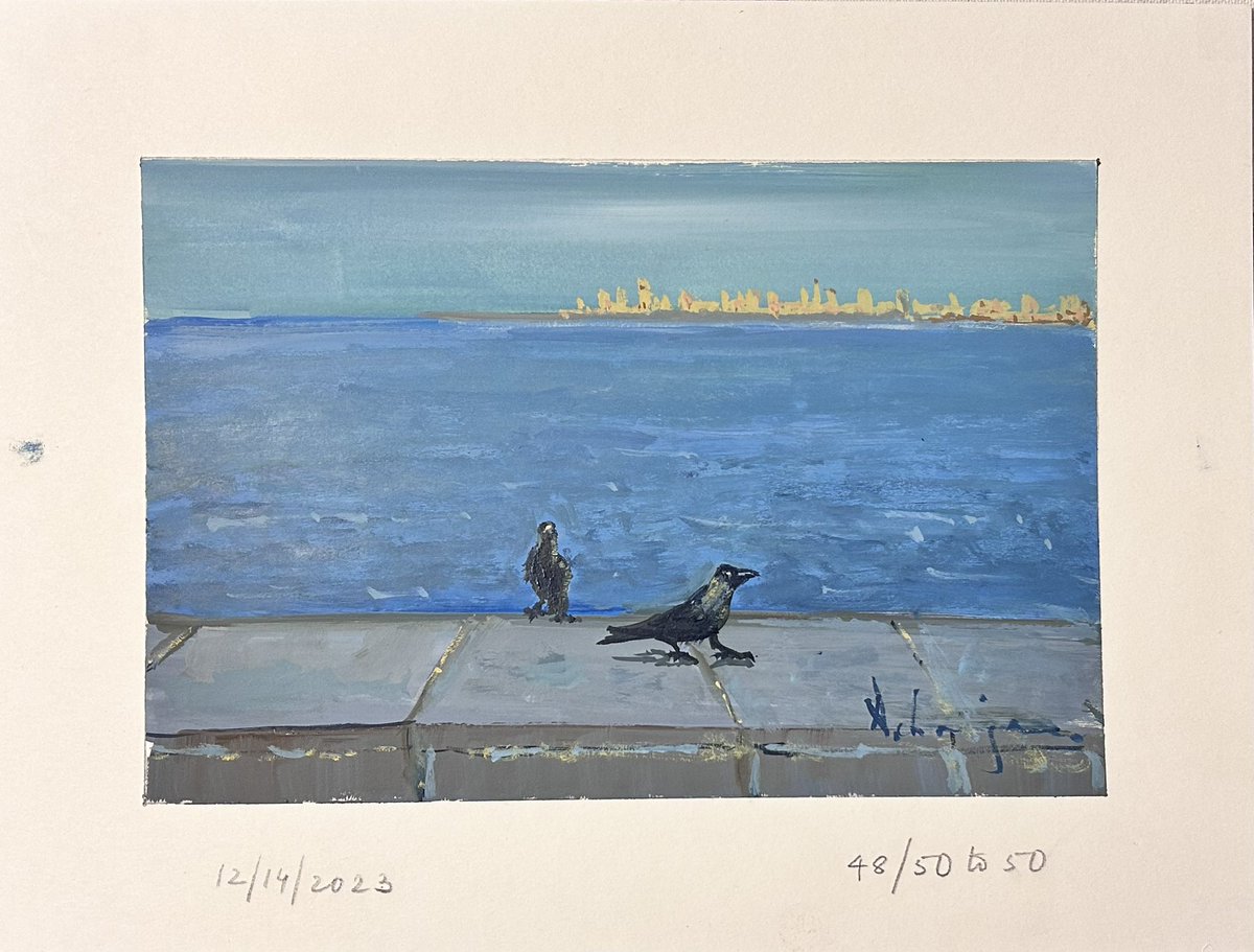 Day 48/50 to 50 A really nice blue, and crows too Gouache 6x9 inches 12/14/23 Marine Drive, Mumbai