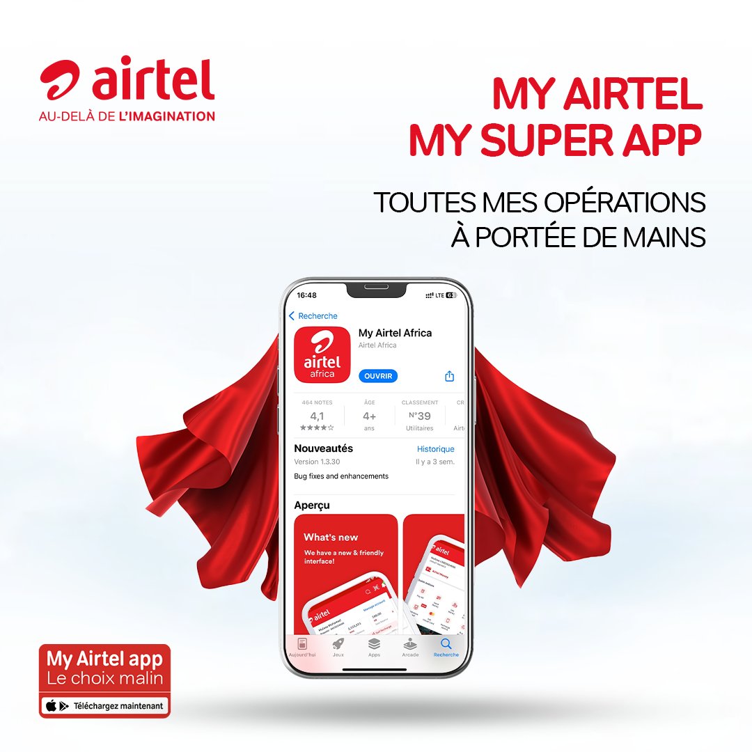 Toute ta vie connectée à un seul et même endroit ! 🤩Avec My Airtel app, tu peux acheter des forfaits et des unités pour toi-même ou pour tes proches ! 📲C'est rapide, télécharge My Airtel app ici : 🔗bit.ly/myapprdc #LeChoixMalin | #AirtelRDC
