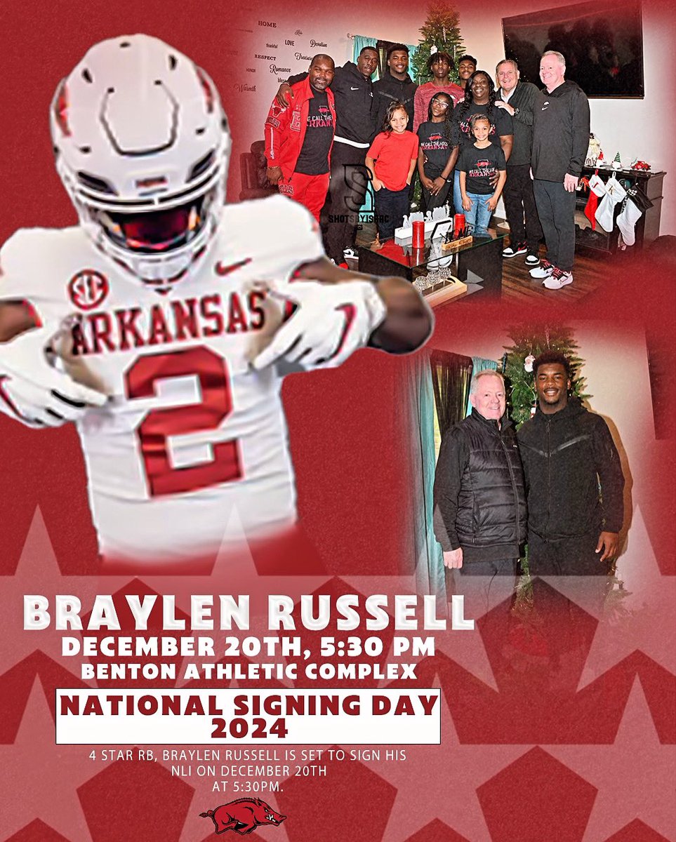 I will be signing my National letter of intent December 20 @ 5:30pm CT GO HOGS!🐗