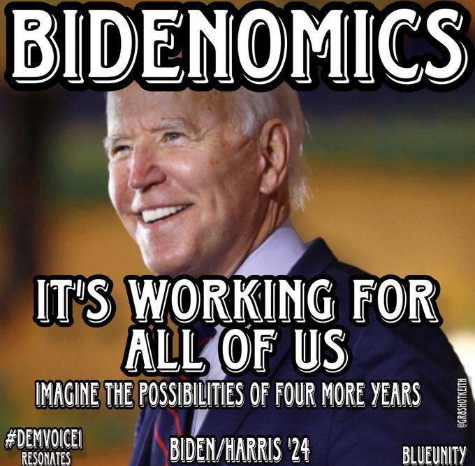 #Bidenomics is a BFD! 🎯Dow breaks 37k points-an all time high 🎯GDP growth is 5.2% for Q3 🎯Best Covid recovery out of G7 countries 🎯Biden created 14.1M jobs, that's 7x more than last 3 R Presidents 🎯Best job market in 60 years & lowest unemployment rate since WWII #DemVoice1