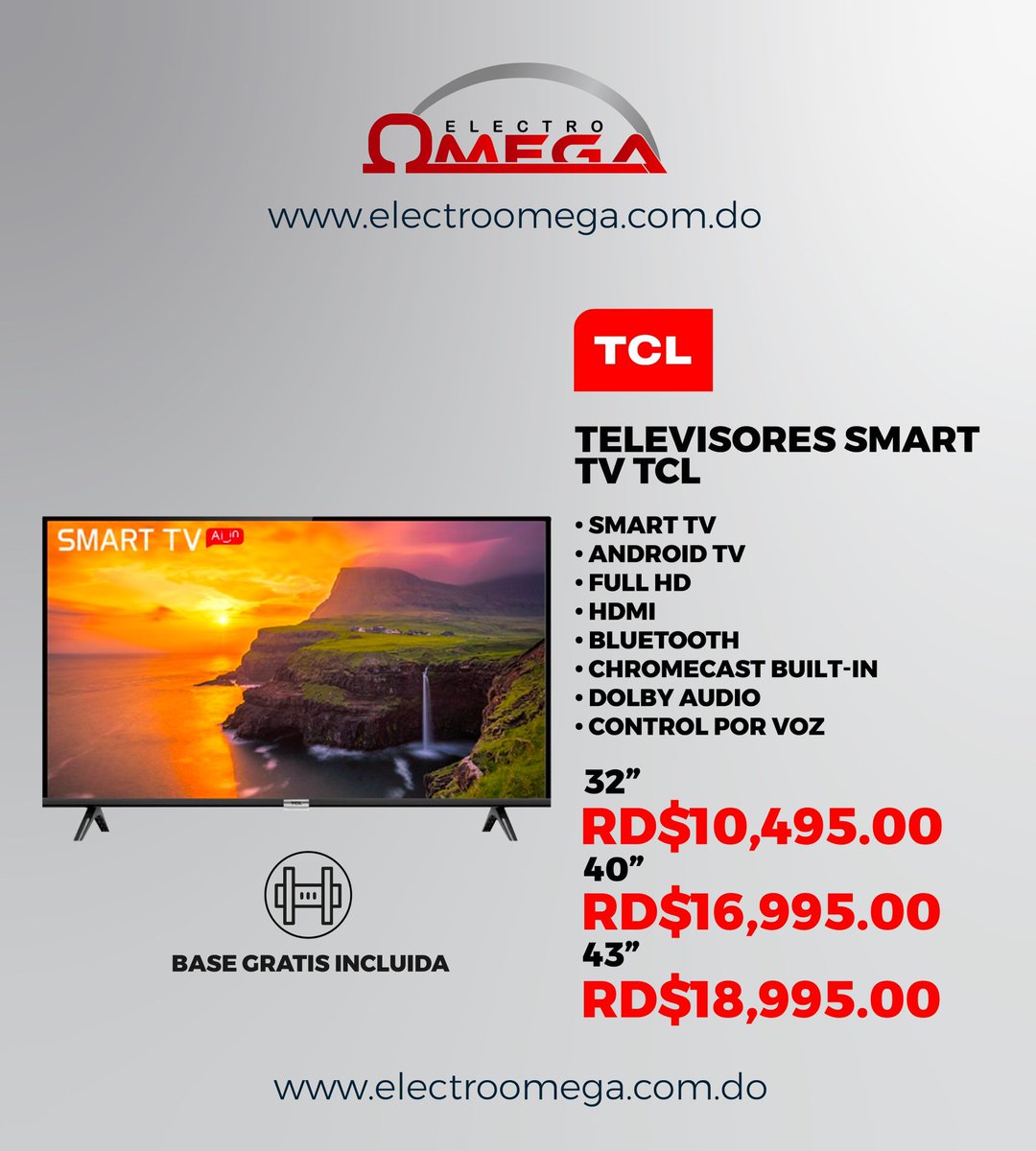 ElectroOmega's tweet image. Televisores Smart TV Andorid TCL 📺

#SmartTV #Televisores #SmartTVTCL#TelevisoresTCL #TiendaDeElectrodomesticos