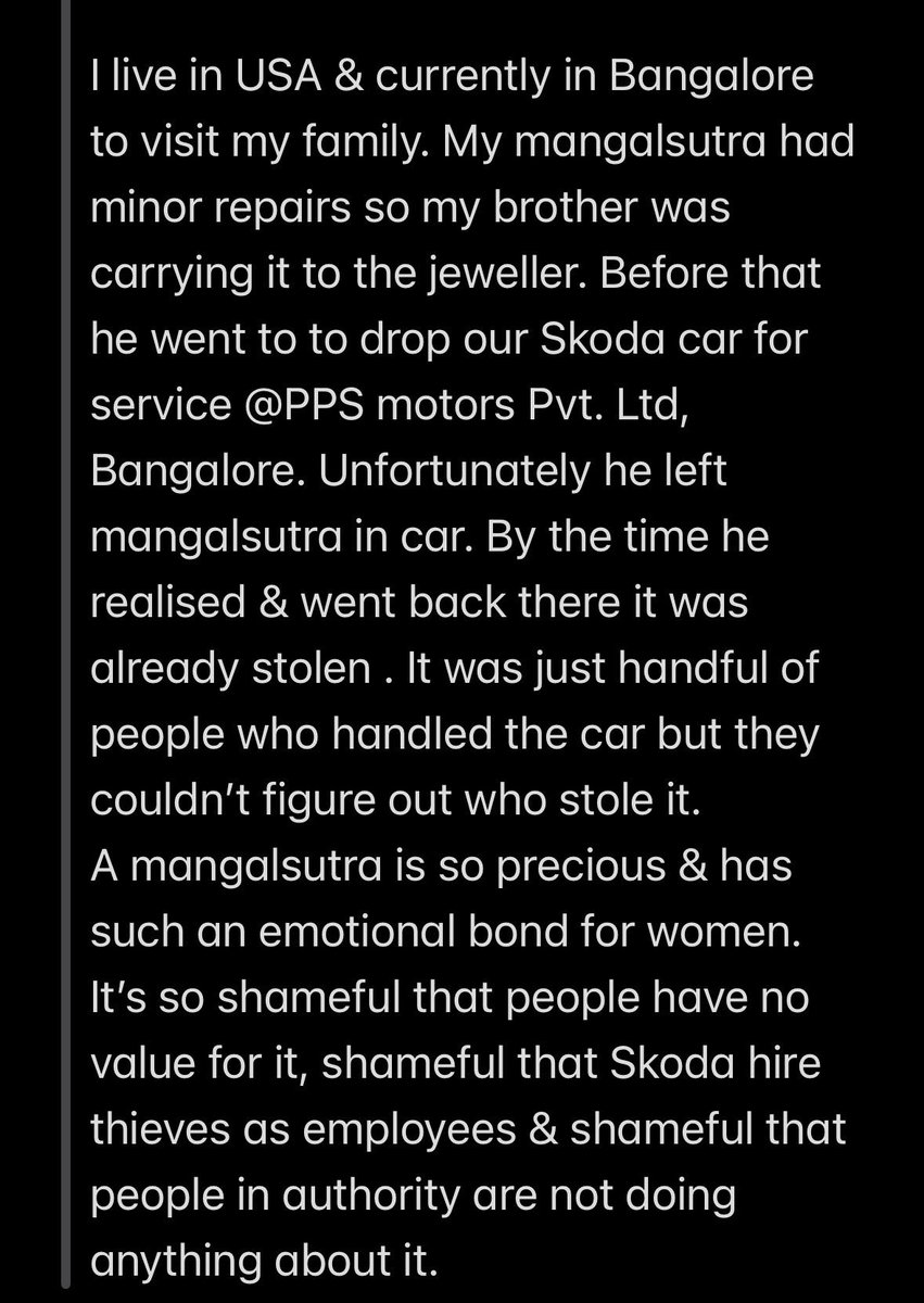 Unfortunately no action was taken by #skodaindia #skoda Škoda employee who stole my mangalsutra happily continues to work in there. No value for costumers. #voiceitout