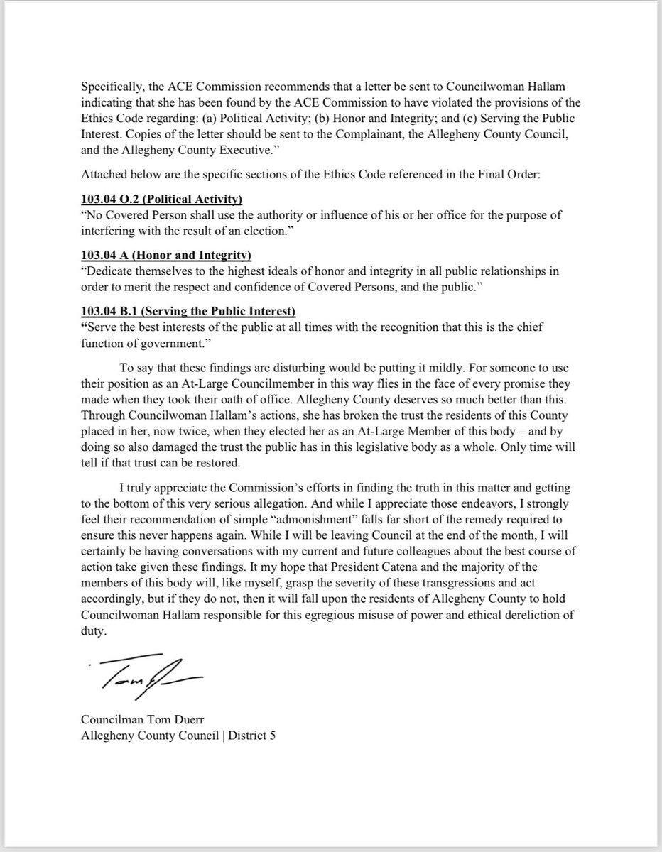 Earlier this year, I filed a complaint against Councilwoman At-Large Bethany Hallam to the ACE Commission regarding potential ethical violations surrounding an offer for an ALCOSAN Board Seat. Attached below is my statement on the findings of their full investigation: