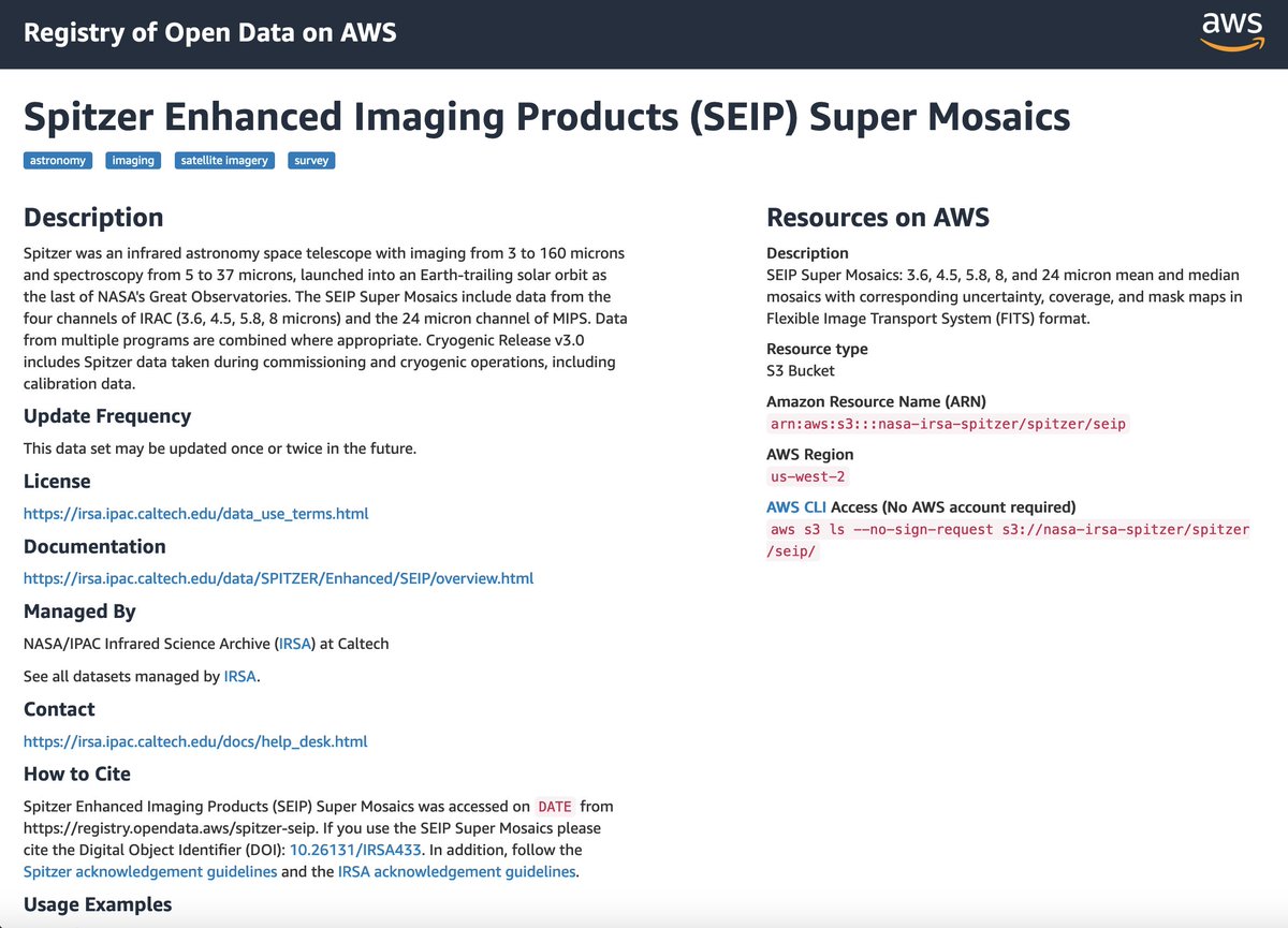 WISE and Spitzer SEIP data are now available in Amazon Web Services (AWS) S3 buckets. Images are available in FITS format and Catalogs are available as Parquet files. More information is available at irsa.ipac.caltech.edu/cloud_access/