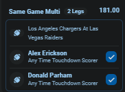 madeyoulookhere's tweet photo. I’m feeling lucky with this Same Game Multi bet for the Chargers vs Raiders game! 🏈 I’m backing Alex Erickson and Donald Parham to score touchdowns anytime. What do you think? #NFL #Betting
#LACvsLV #AlexErickson #DonaldParham https://t.co/vqL1hh5FPo