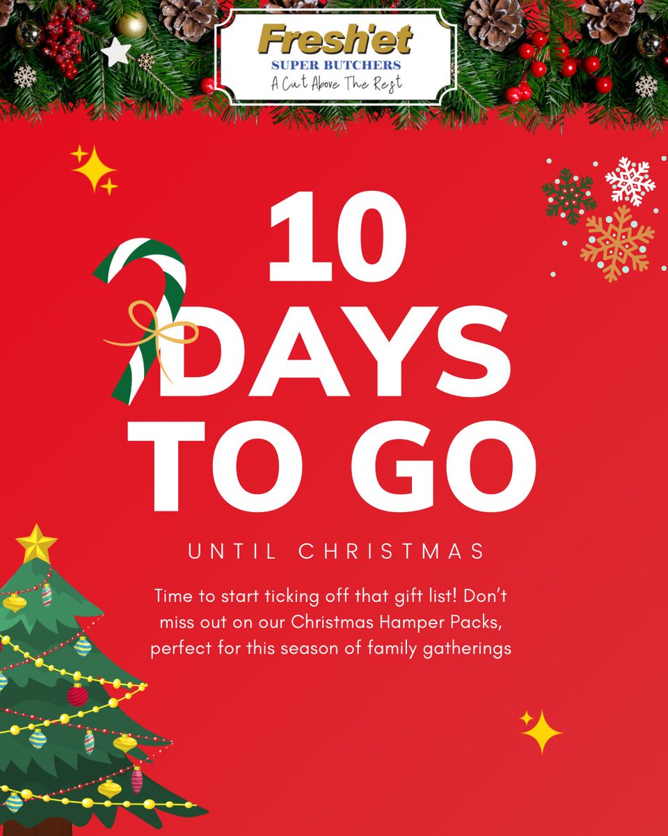 CHRISTMAS COUNTDOWN ⏳

10 DAYS TO GO.  Time to start ticking off that gift list! Don’t miss out on our Christmas Hamper Packs , perfect for this season of family gatherings 🎄✨🎁

#freshetfiji #christmascountdown #christmas #tropicalchristmas #fiji