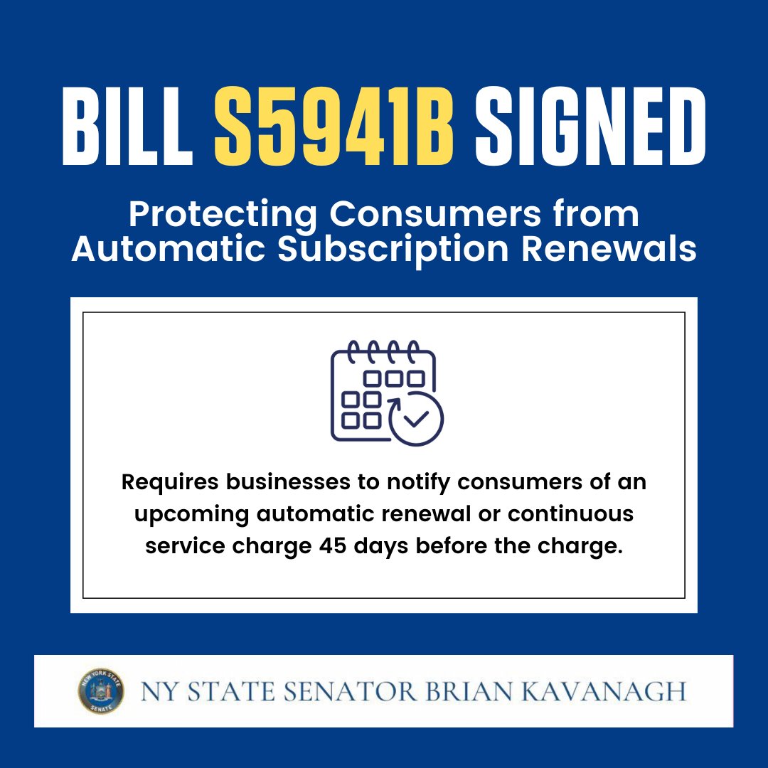 I’m pleased to share that my bill to notify consumers of an automatic renewal or continuous service charge 45 days prior to such charge has been signed into law--ensuring transparency from subscription service companies & protecting NYers from deceptive marketing practices.