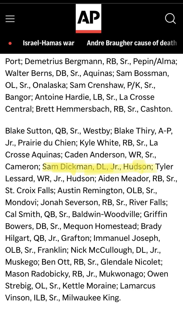 Sam Dickman ✞ (@samdickman_) on Twitter photo Honored to be named AP All-State Honorable Mention!! <a href="/MJ_NFLDraft/">Mark Johnson</a> <a href="/PrepRedzoneWI/">Prep Redzone Wisconsin</a> Honored to be named AP All-State Honorable Mention!! <a href="/MJ_NFLDraft/">Mark Johnson</a> <a href="/PrepRedzoneWI/">Prep Redzone Wisconsin</a>