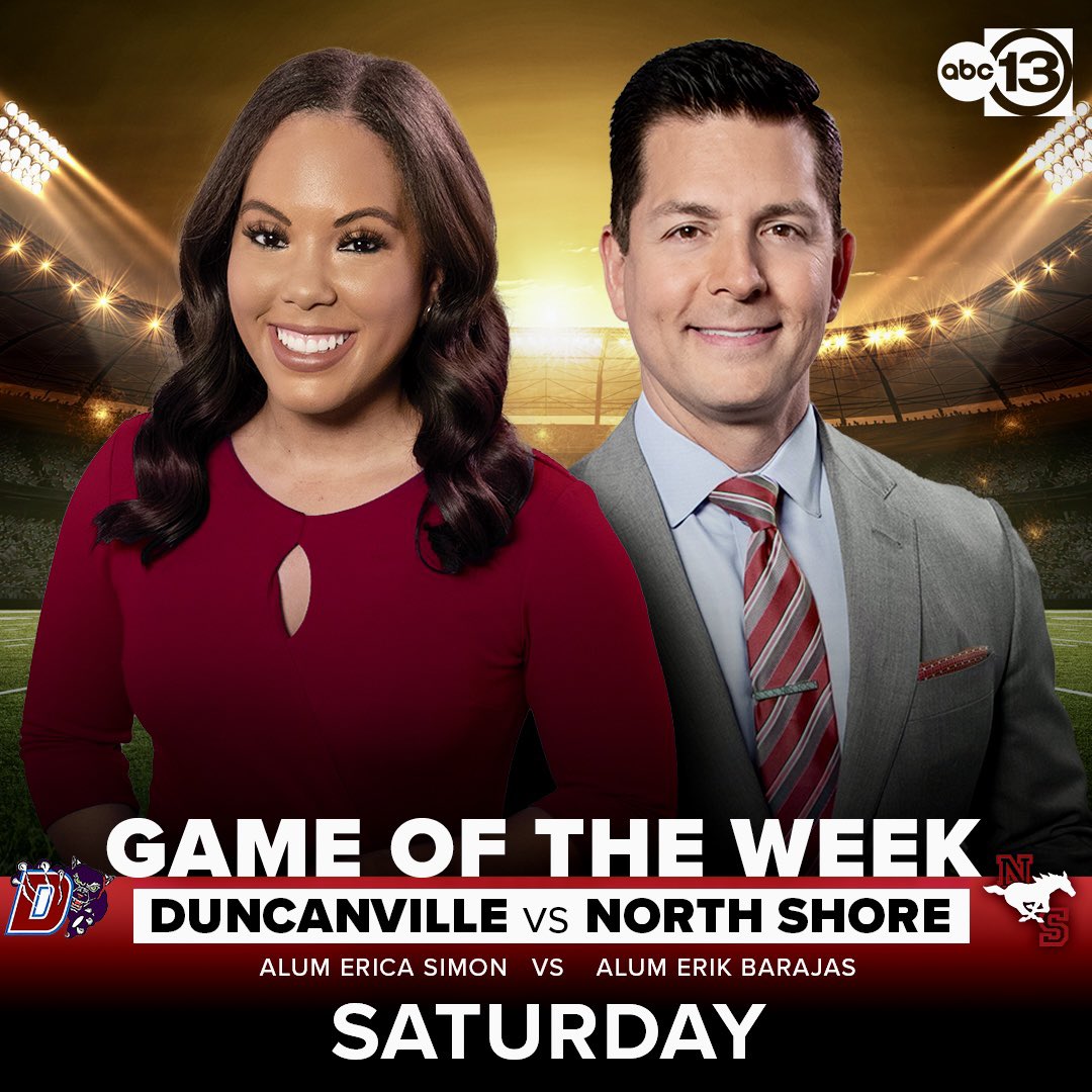 Erica Simon (@ericaonabc13) on Twitter photo Two co-anchors.
Opposing alma maters.
One epic rematch.
It all comes down to this weekend when my @Duncanville_Fb Panthers take on <a href="/ErikABC13/">Erik Barajas</a>’s <a href="/NSNationFB/">The Nation of NS</a> Mustangs in the 6A Division 1 State Championship for the fifth time in six years. 🏈
Let’s go! Two co-anchors.
Opposing alma maters.
One epic rematch.
It all comes down to this weekend when my @Duncanville_Fb Panthers take on <a href="/ErikABC13/">Erik Barajas</a>’s <a href="/NSNationFB/">The Nation of NS</a> Mustangs in the 6A Division 1 State Championship for the fifth time in six years. 🏈
Let’s go!
